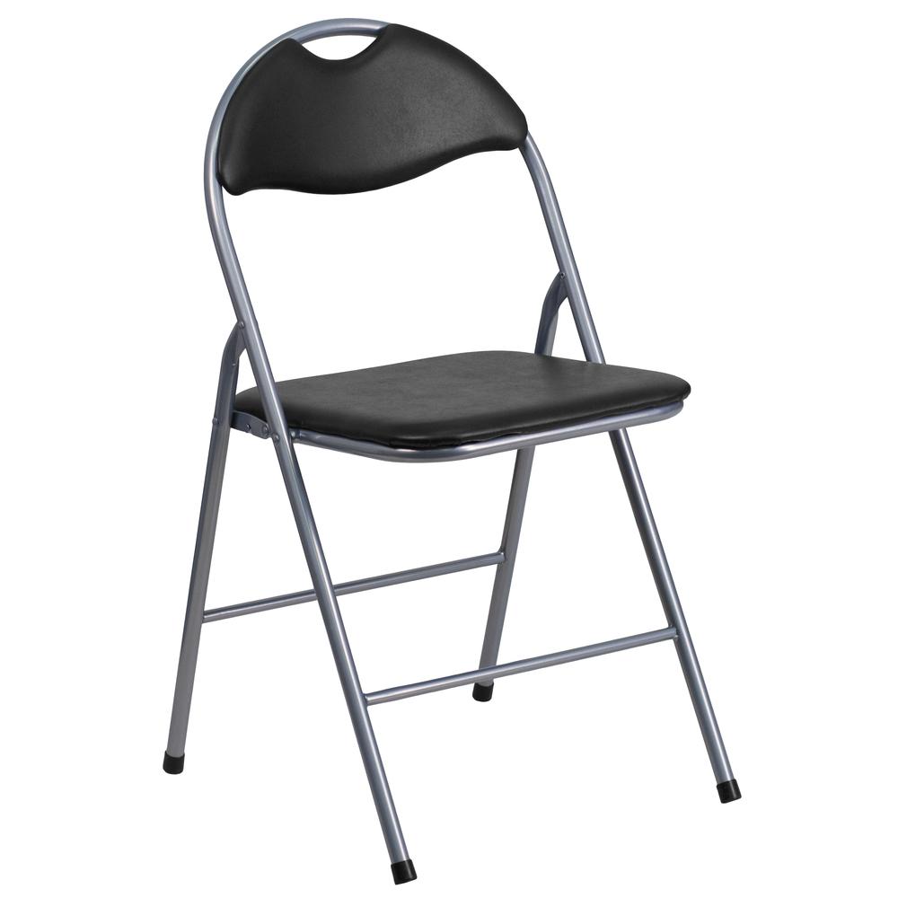 HERCULES Series Black Vinyl Metal Folding Chair with Carrying Handle. Picture 1