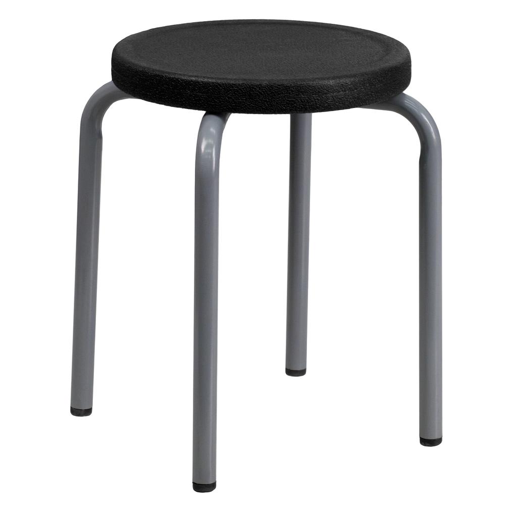 Stackable Stool with Black Seat and Silver Powder Coated Frame. The main picture.