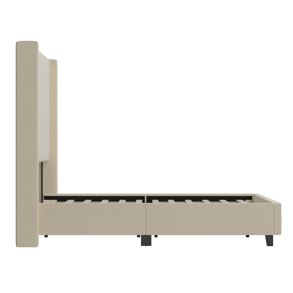 Full Upholstered Platform Bed with Channel Stitched Wingback Headboard, Beige. Picture 9