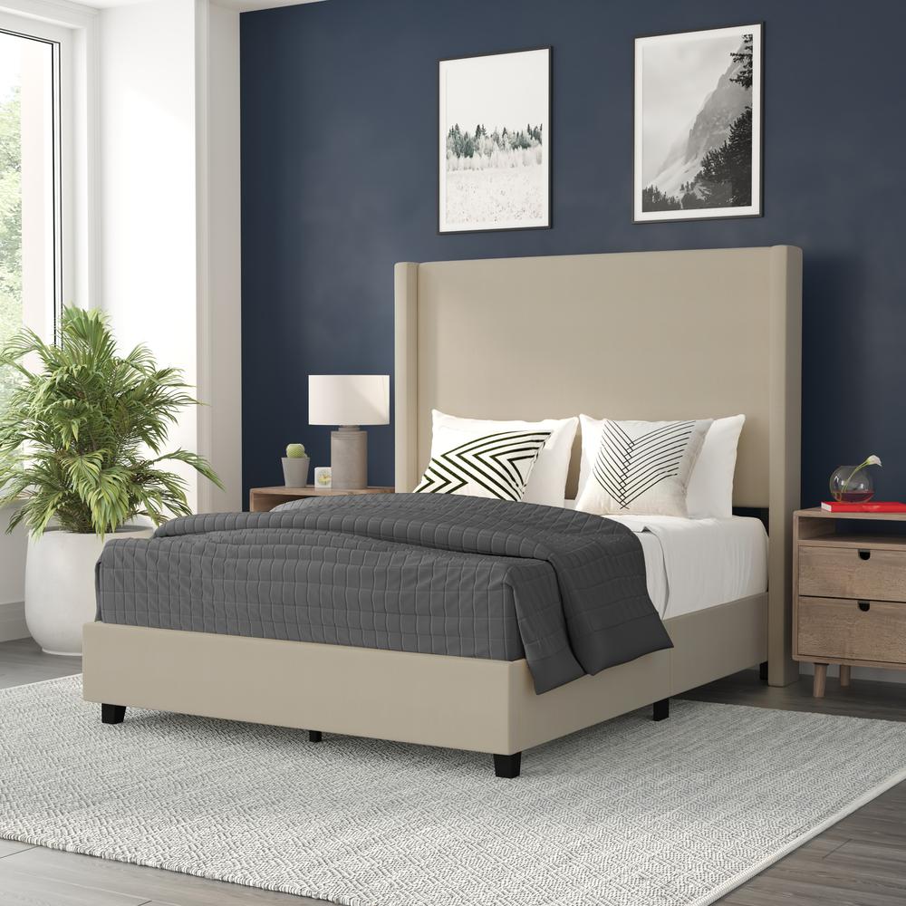 Full Upholstered Platform Bed with Channel Stitched Wingback Headboard, Beige. Picture 1