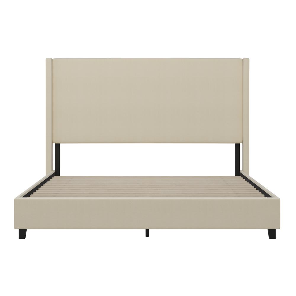 King Upholstered Platform Bed with Channel Stitched Wingback Headboard, Beige. Picture 10