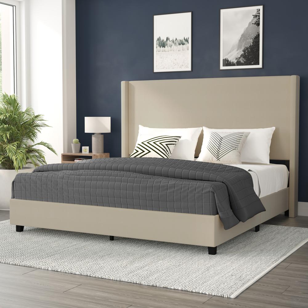 King Upholstered Platform Bed with Channel Stitched Wingback Headboard, Beige. Picture 1