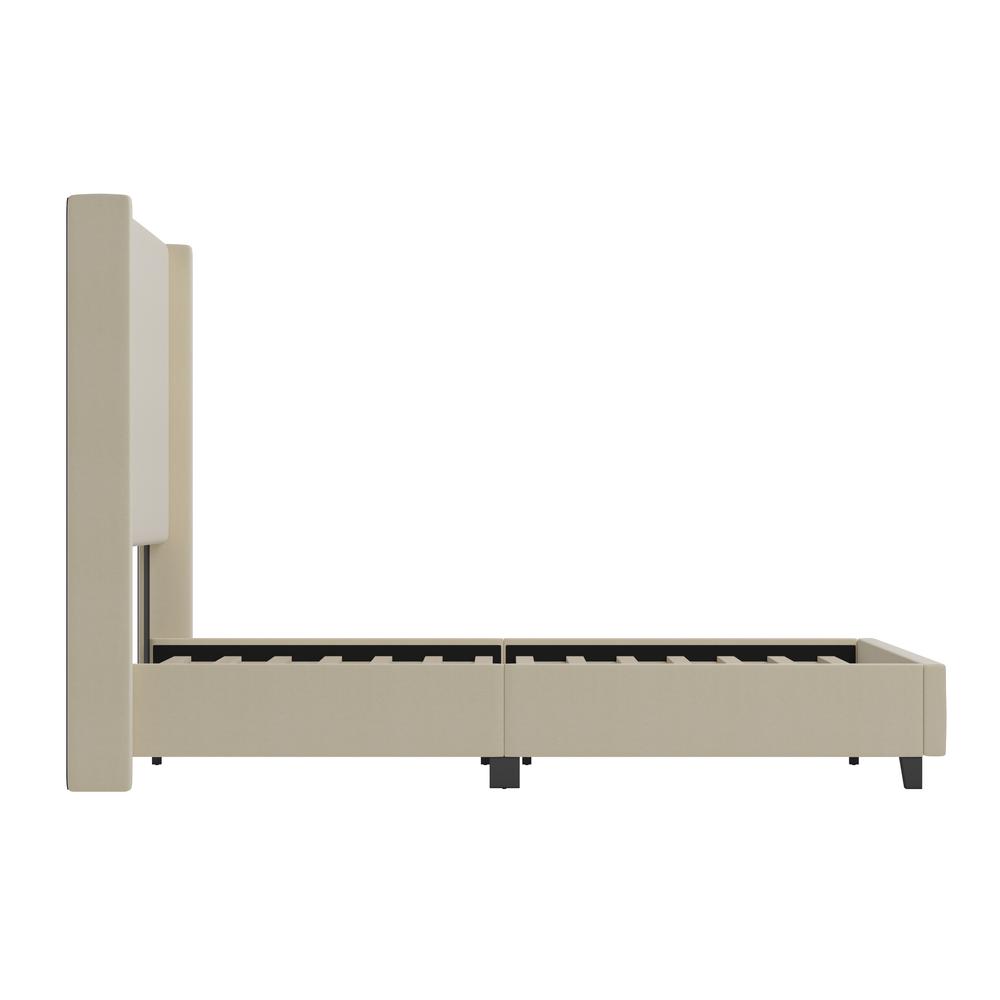 Queen Upholstered Platform Bed with Channel Stitched Wingback Headboard, Beige. Picture 9