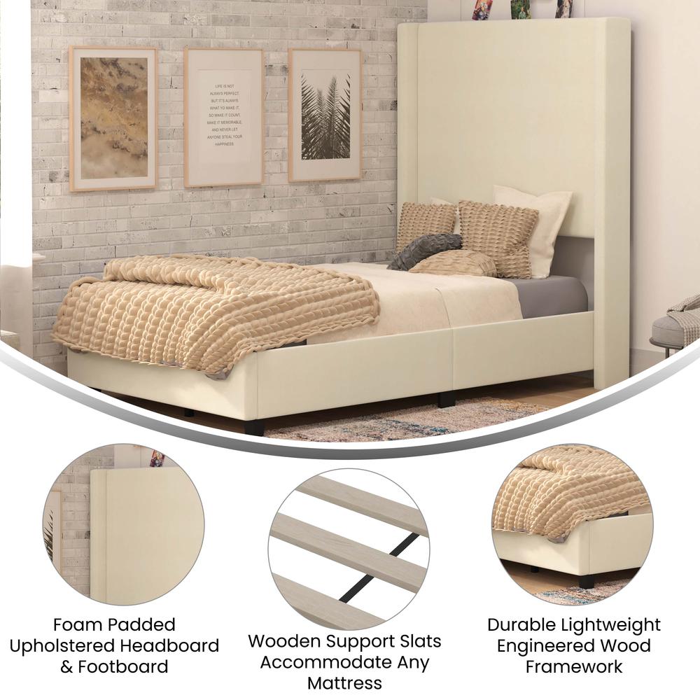 Twin Upholstered Platform Bed with Channel Stitched Wingback Headboard, Beige. Picture 4