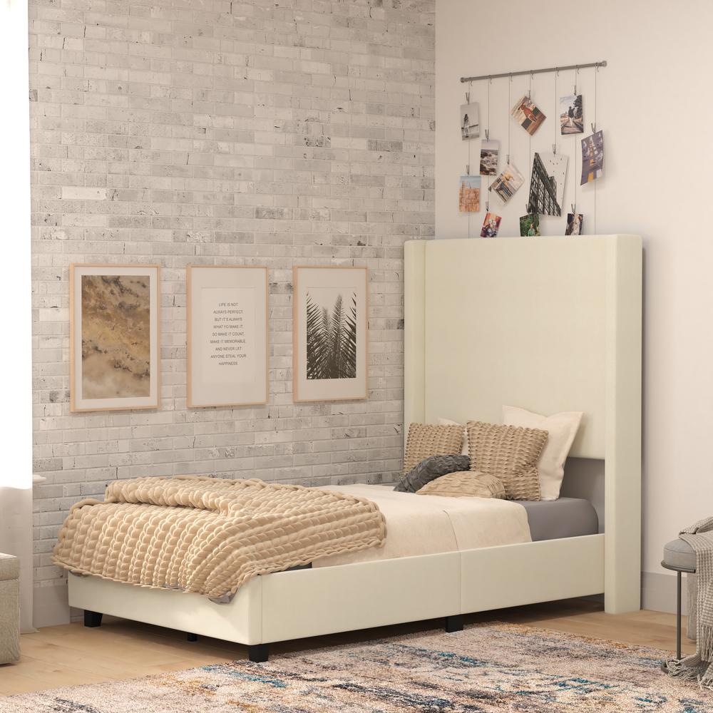 Twin Upholstered Platform Bed with Channel Stitched Wingback Headboard, Beige. Picture 1