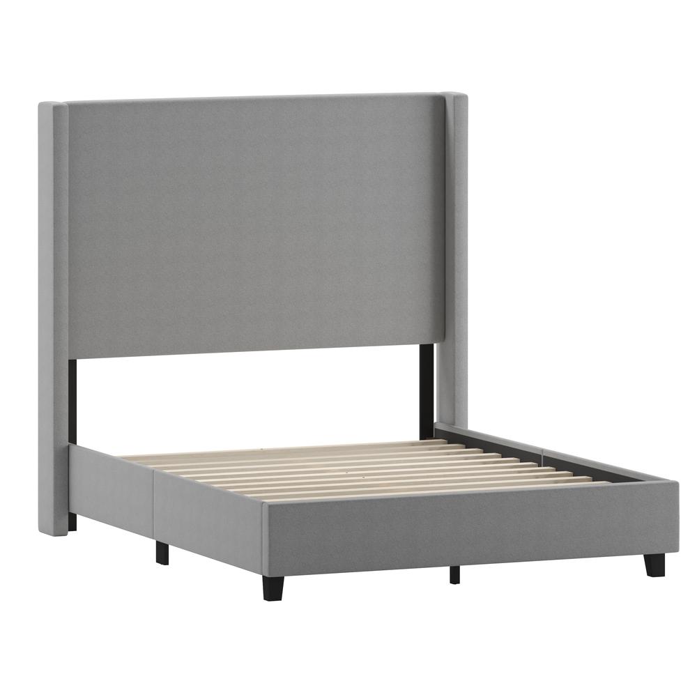 Quinn Full Upholstered Platform Bed with Channel Stitched Wingback Headboard, Mattress Foundation with Slatted Supports, No Box Spring Needed, Gray. Picture 2