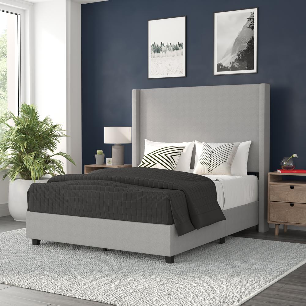 Quinn Full Upholstered Platform Bed with Channel Stitched Wingback Headboard, Mattress Foundation with Slatted Supports, No Box Spring Needed, Gray. The main picture.