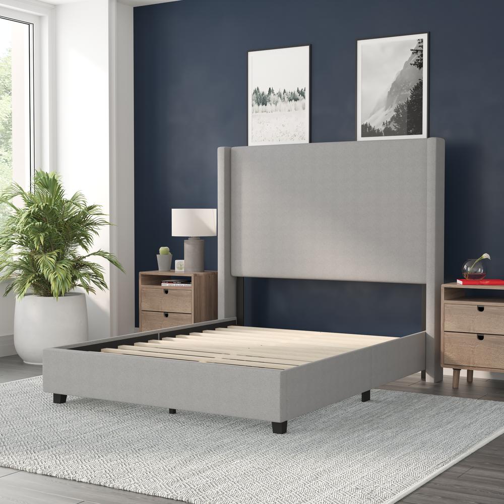 Quinn Full Upholstered Platform Bed with Channel Stitched Wingback Headboard, Mattress Foundation with Slatted Supports, No Box Spring Needed, Gray. Picture 6