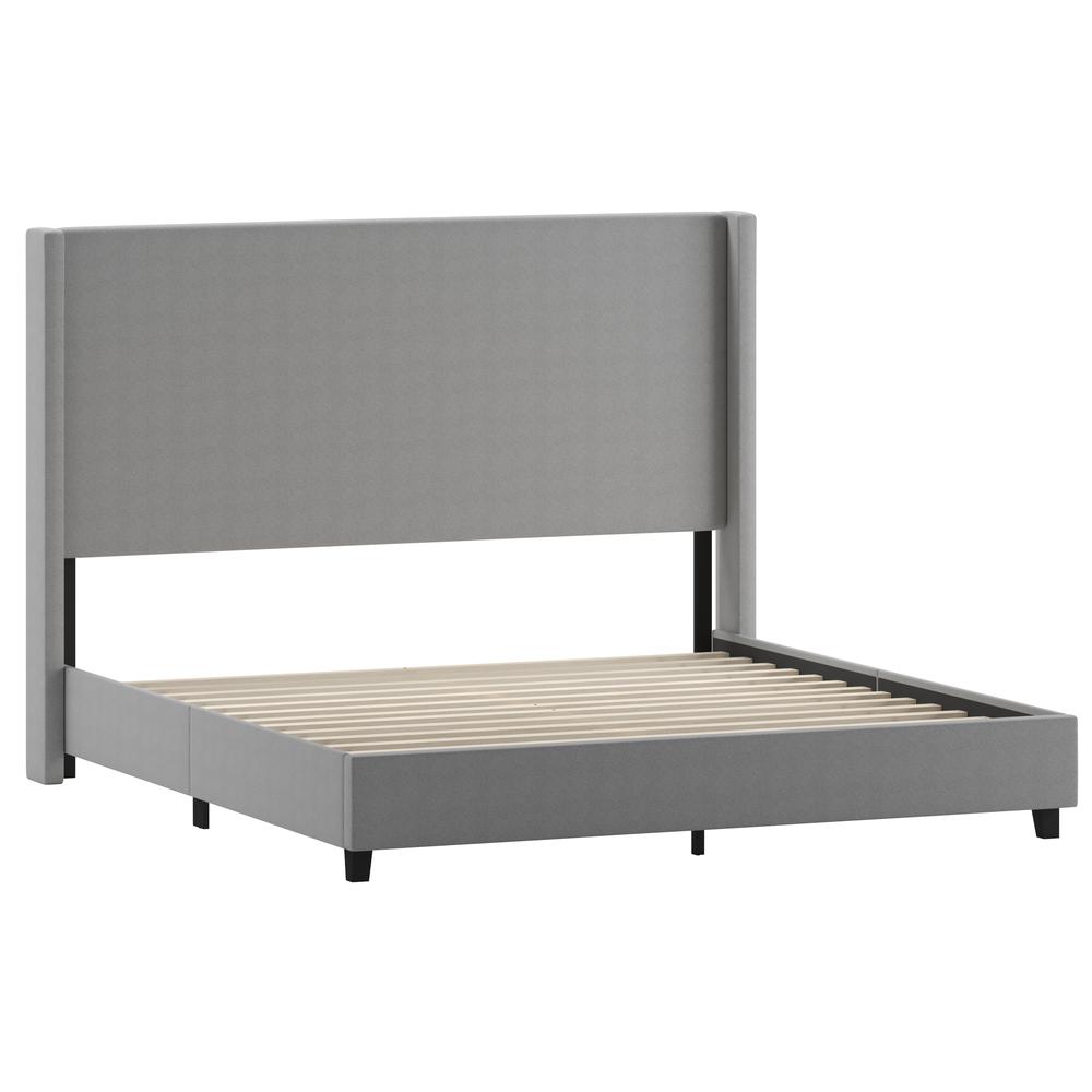 King Upholstered Platform Bed with Channel Stitched Wingback Headboard, Gray. Picture 2