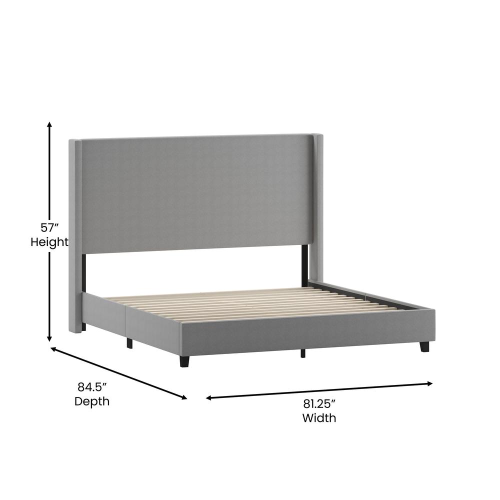 King Upholstered Platform Bed with Channel Stitched Wingback Headboard, Gray. Picture 5