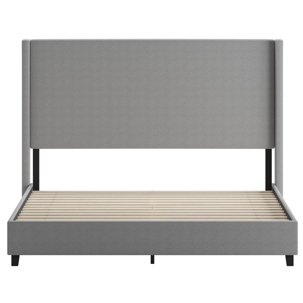 King Upholstered Platform Bed with Channel Stitched Wingback Headboard, Gray. Picture 10