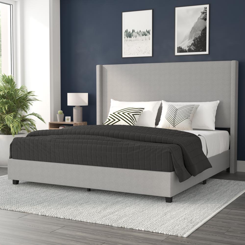 King Upholstered Platform Bed with Channel Stitched Wingback Headboard, Gray. Picture 1