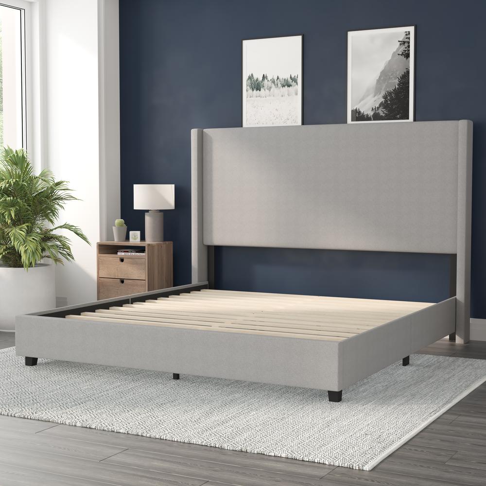 King Upholstered Platform Bed with Channel Stitched Wingback Headboard, Gray. Picture 6