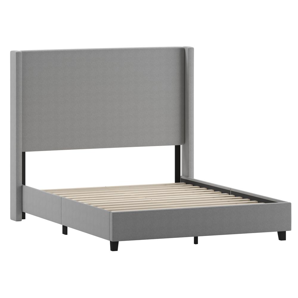 Queen Upholstered Platform Bed with Channel Stitched Wingback Headboard, Gray. Picture 2