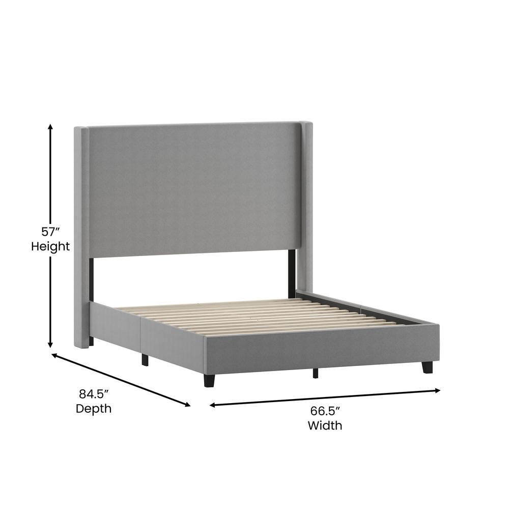 Queen Upholstered Platform Bed with Channel Stitched Wingback Headboard, Gray. Picture 5