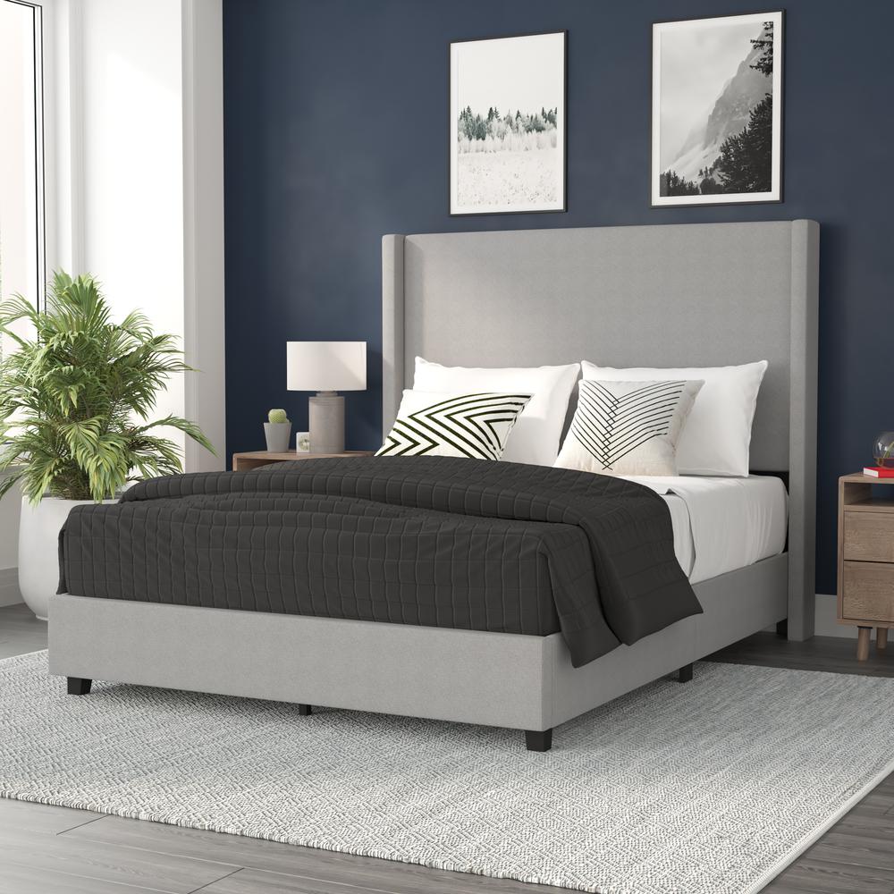 Queen Upholstered Platform Bed with Channel Stitched Wingback Headboard, Gray. Picture 1