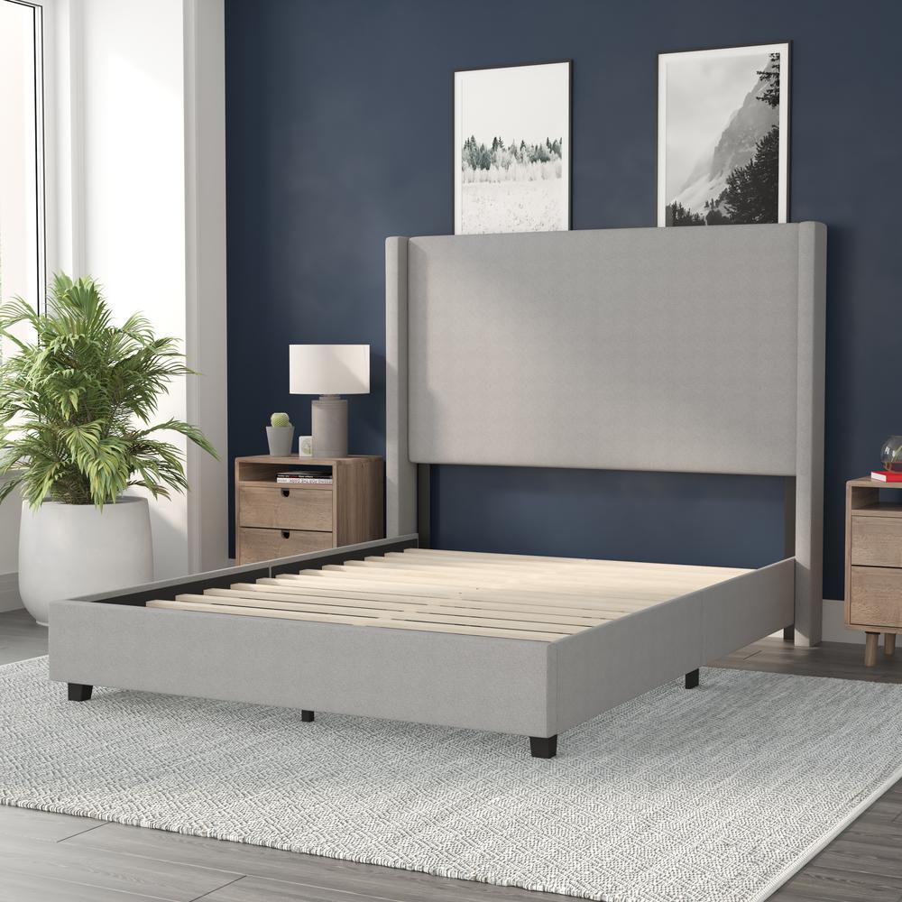 Queen Upholstered Platform Bed with Channel Stitched Wingback Headboard, Gray. Picture 6