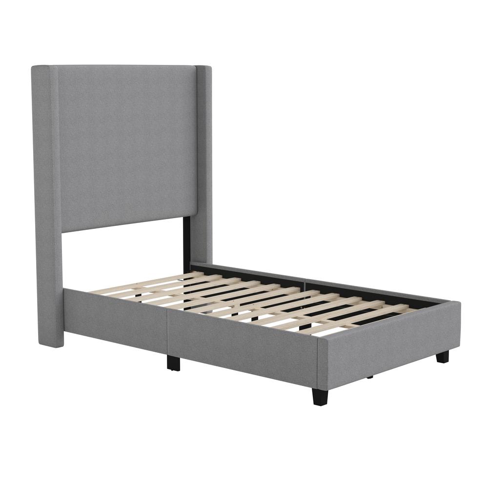 Twin Upholstered Platform Bed with Channel Stitched Wingback Headboard, Gray. Picture 2