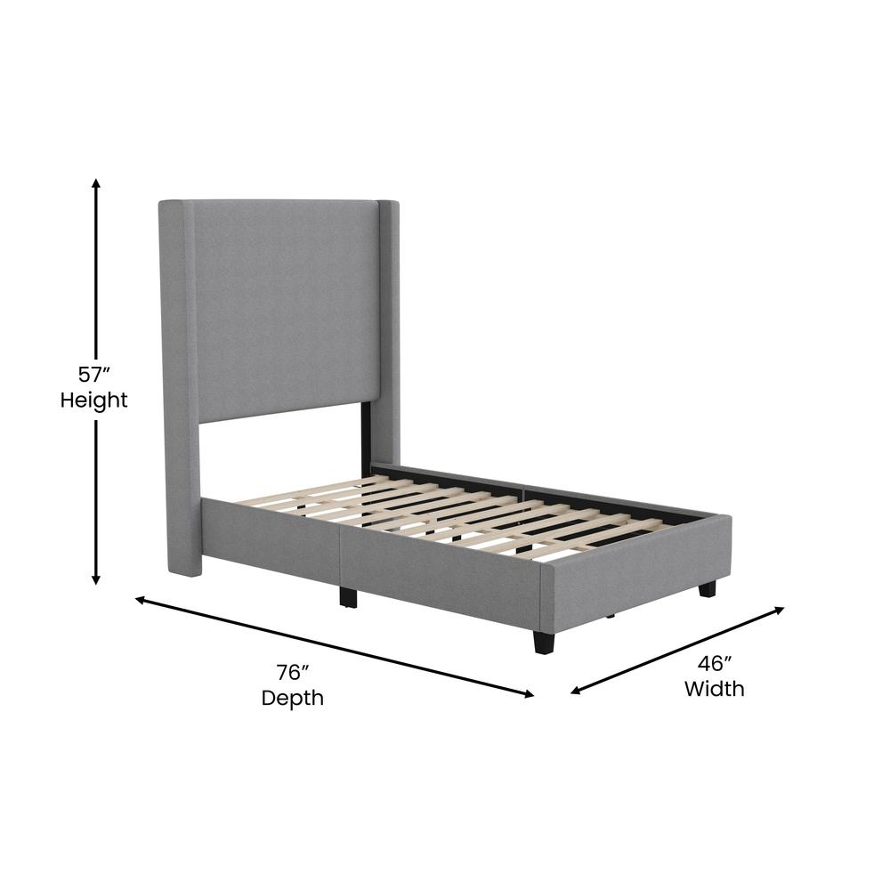 Twin Upholstered Platform Bed with Channel Stitched Wingback Headboard, Gray. Picture 5