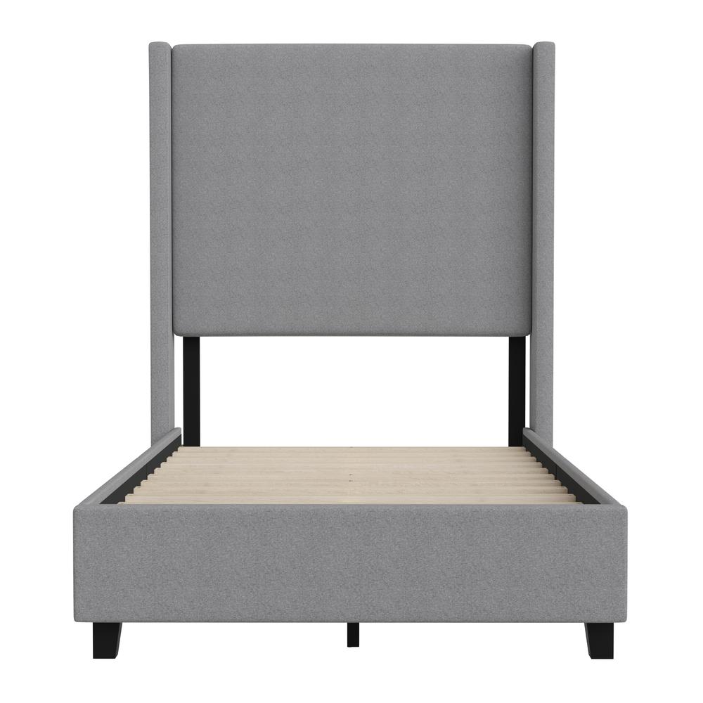 Twin Upholstered Platform Bed with Channel Stitched Wingback Headboard, Gray. Picture 10