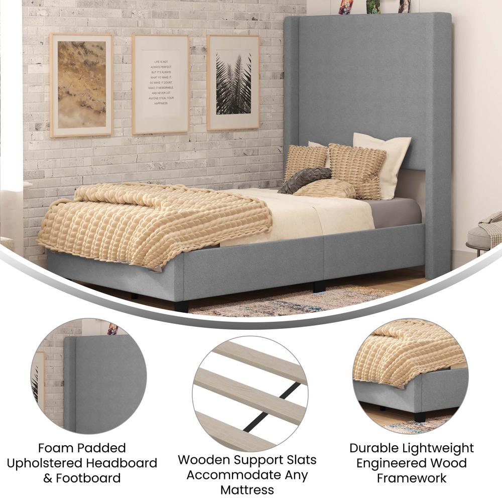 Twin Upholstered Platform Bed with Channel Stitched Wingback Headboard, Gray. Picture 4