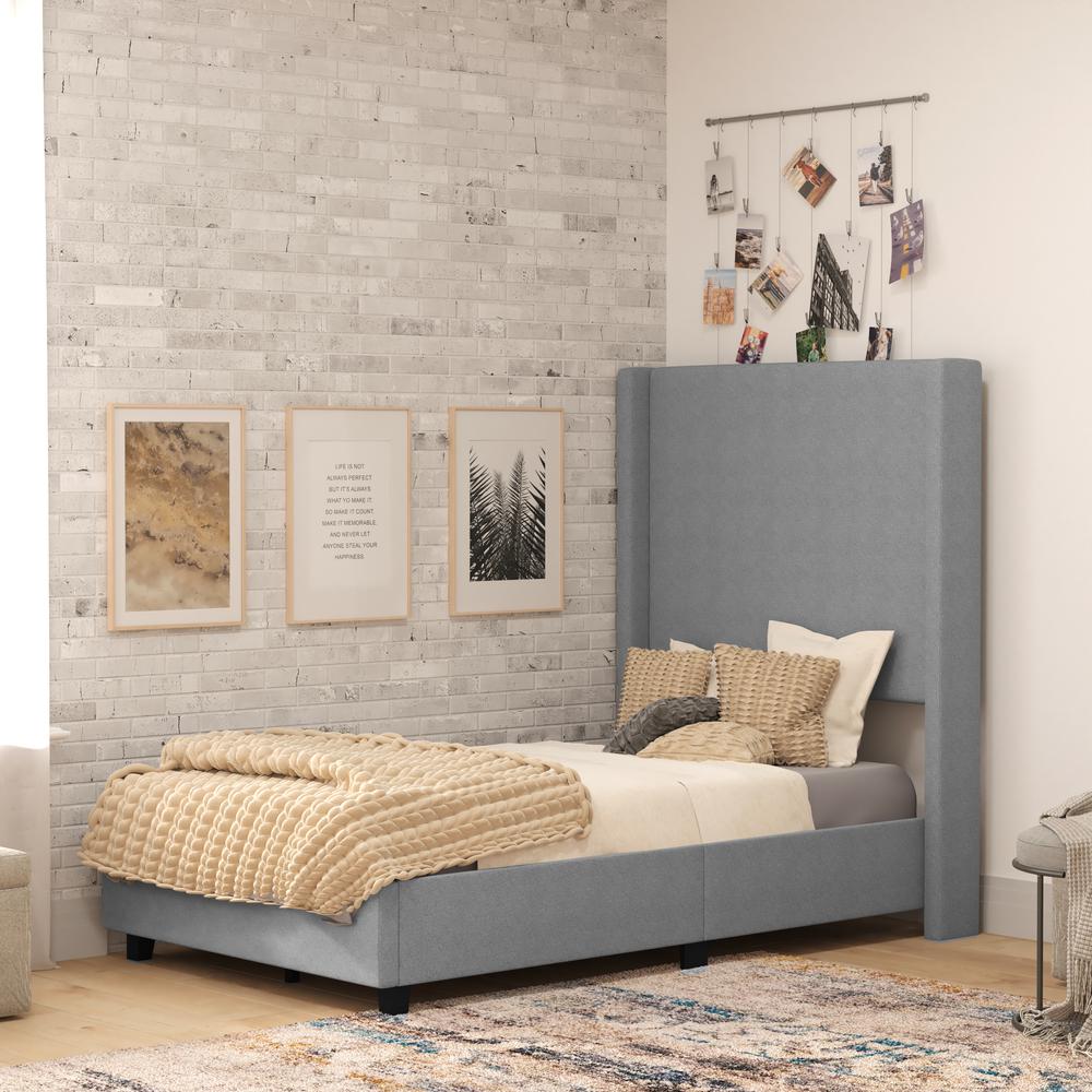 Twin Upholstered Platform Bed with Channel Stitched Wingback Headboard, Gray. Picture 1