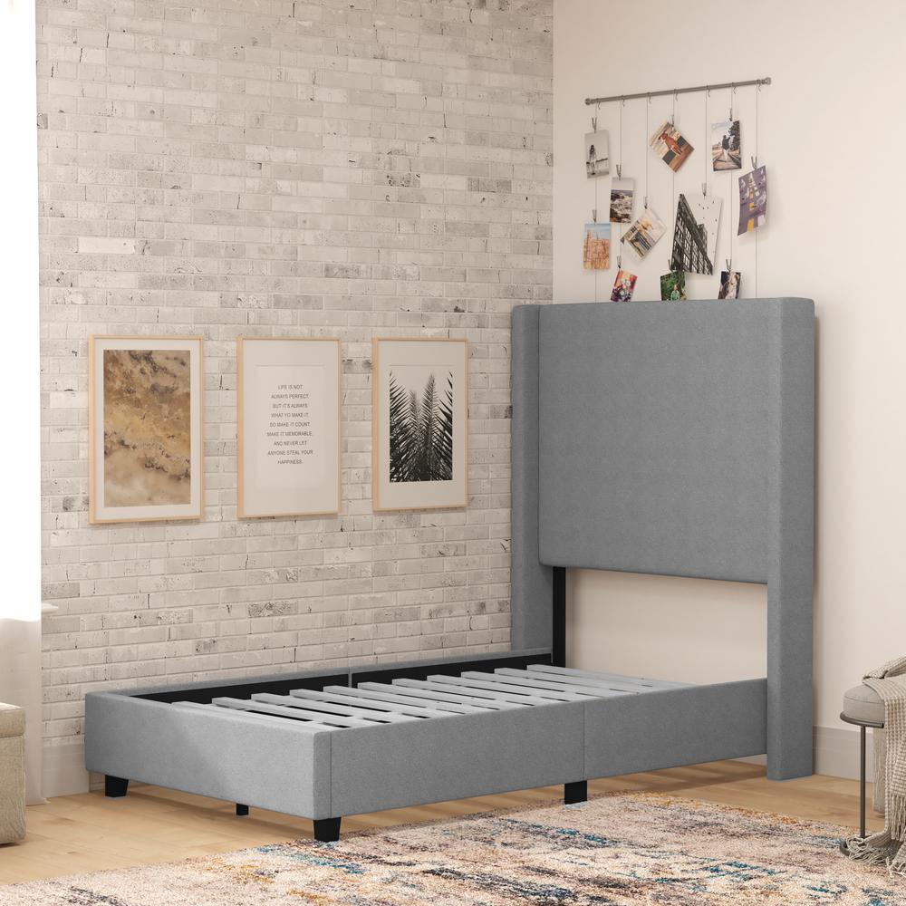 Twin Upholstered Platform Bed with Channel Stitched Wingback Headboard, Gray. Picture 6