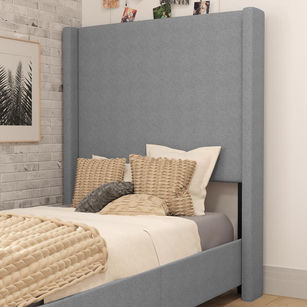 Twin Upholstered Platform Bed with Channel Stitched Wingback Headboard, Gray. Picture 7