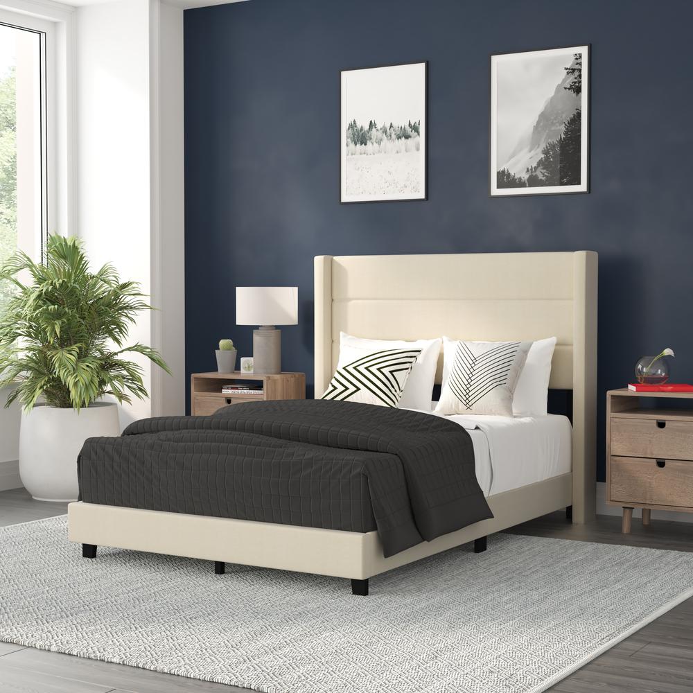 Full Upholstered Platform Bed with Wingback Headboard, Beige Faux Linen. Picture 1