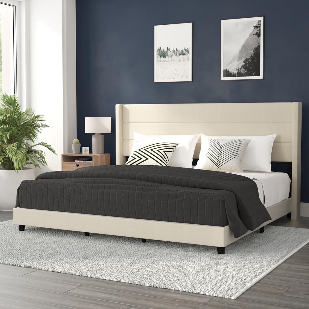 King Upholstered Platform Bed with Wingback Headboard, Beige Faux Linen. Picture 1