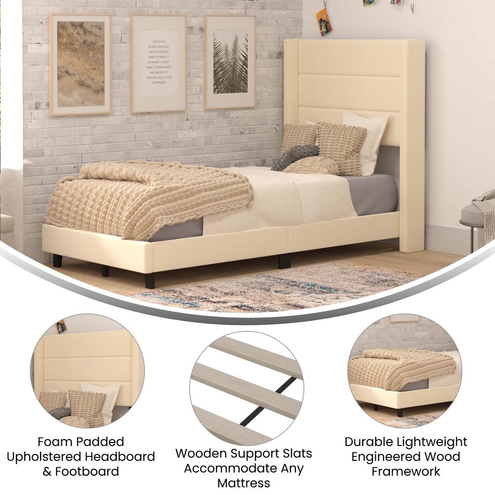 Twin Upholstered Platform Bed with Wingback Headboard, Beige Faux Linen. Picture 4