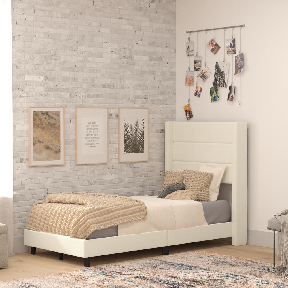 Twin Upholstered Platform Bed with Wingback Headboard, Beige Faux Linen. Picture 1