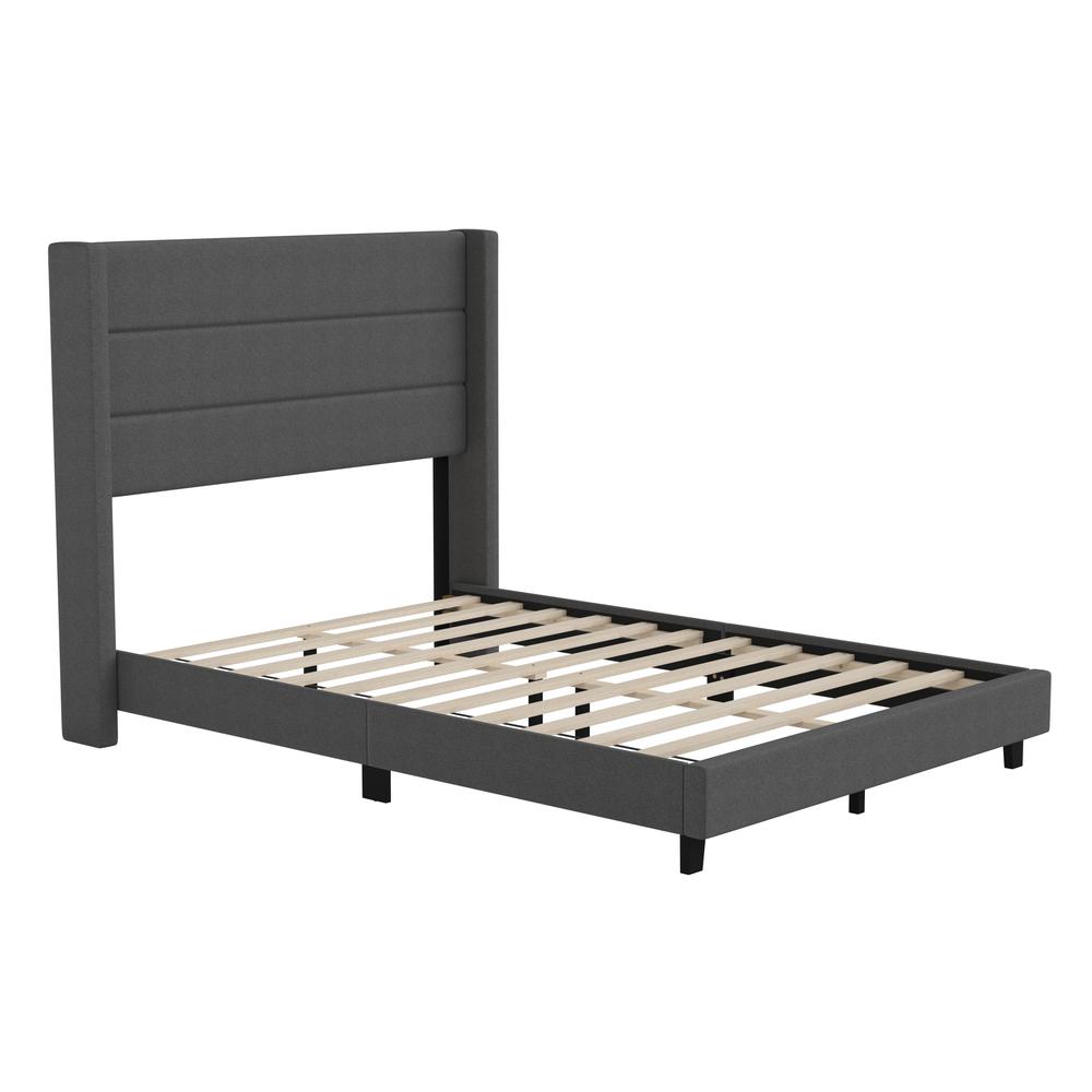 Full Upholstered Platform Bed with Wingback Headboard, Charcoal Faux Linen. Picture 2