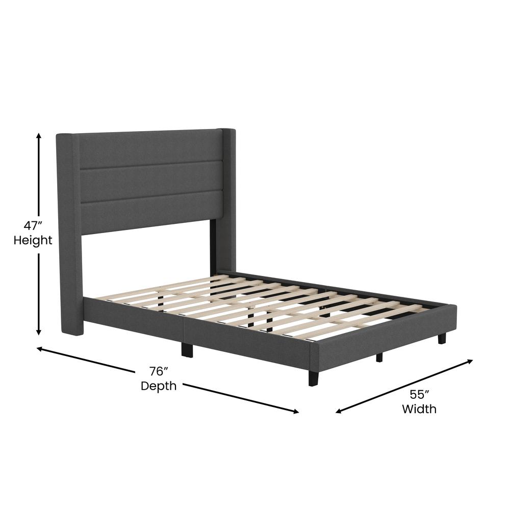 Full Upholstered Platform Bed with Wingback Headboard, Charcoal Faux Linen. Picture 5