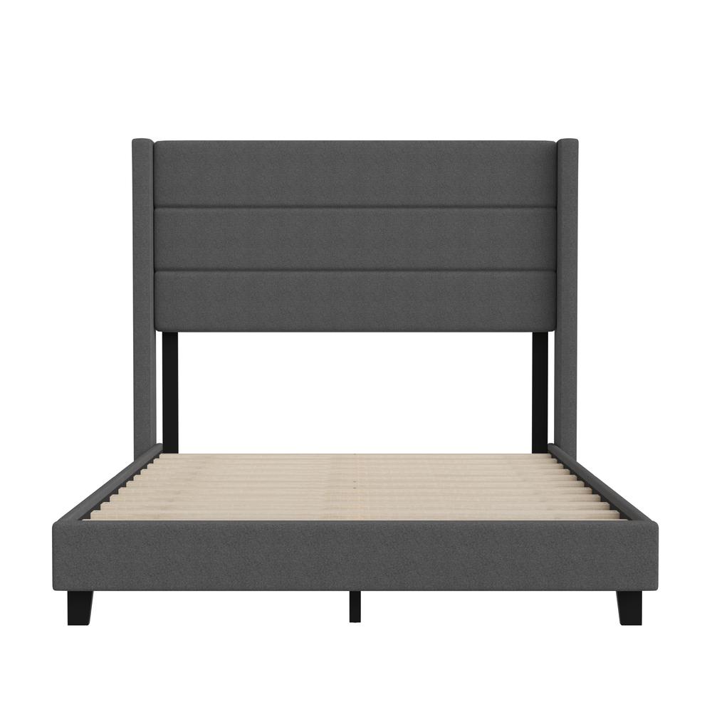 Full Upholstered Platform Bed with Wingback Headboard, Charcoal Faux Linen. Picture 10