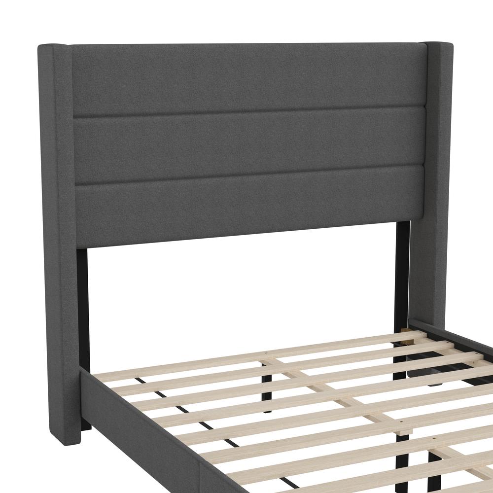 Full Upholstered Platform Bed with Wingback Headboard, Charcoal Faux Linen. Picture 11
