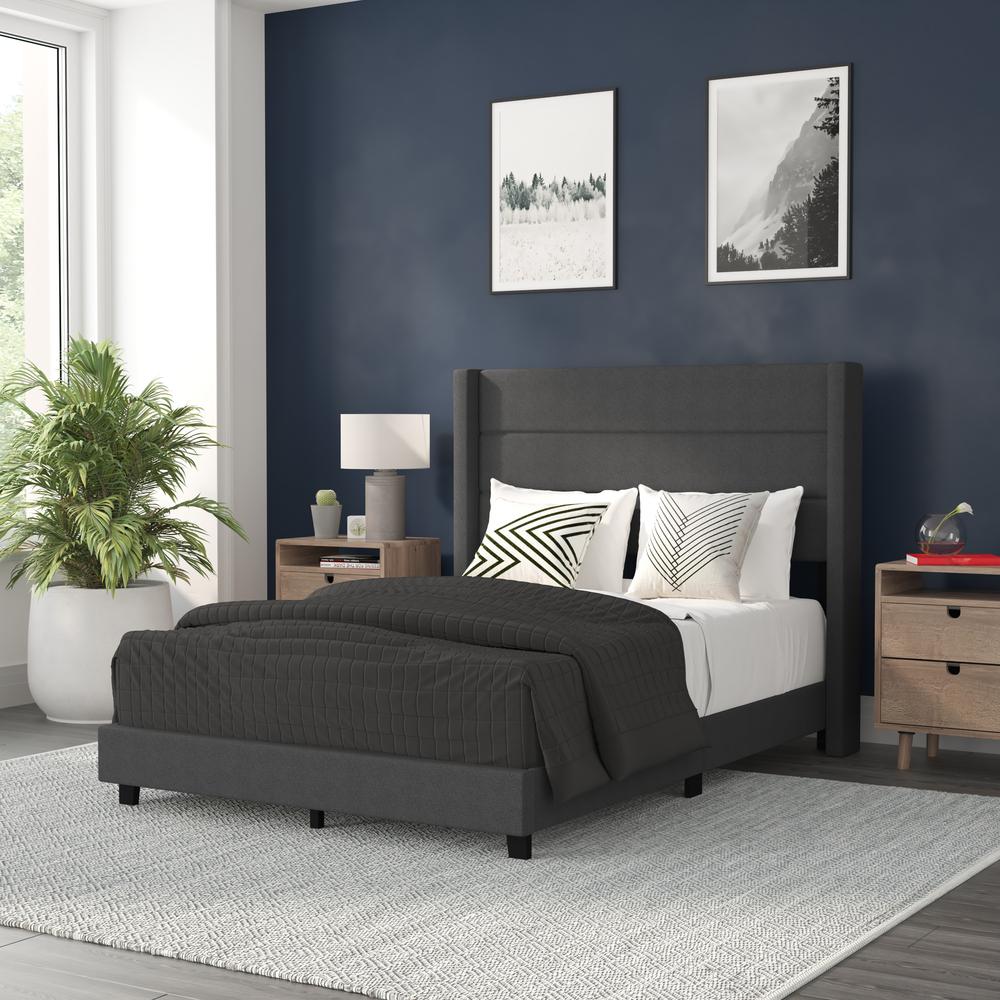 Full Upholstered Platform Bed with Wingback Headboard, Charcoal Faux Linen. Picture 1