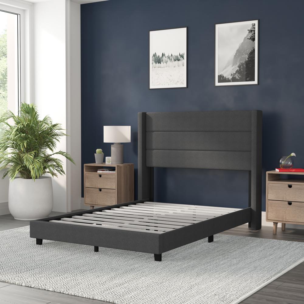 Full Upholstered Platform Bed with Wingback Headboard, Charcoal Faux Linen. Picture 6
