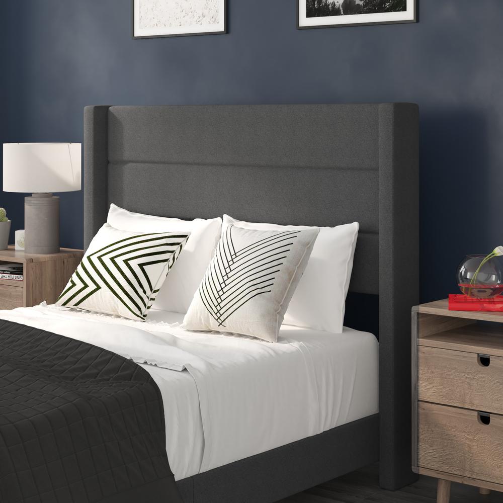 Full Upholstered Platform Bed with Wingback Headboard, Charcoal Faux Linen. Picture 7