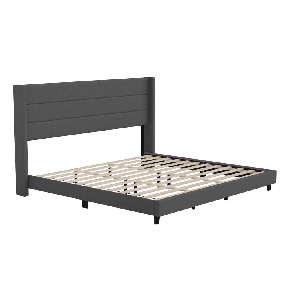 Hollis King Upholstered Platform Bed with Wingback Headboard, Mattress Foundation with Slatted Supports, No Box Spring Needed, Charcoal Faux Linen. Picture 2