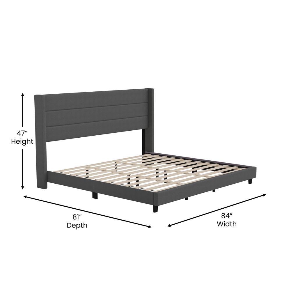 Hollis King Upholstered Platform Bed with Wingback Headboard, Mattress Foundation with Slatted Supports, No Box Spring Needed, Charcoal Faux Linen. Picture 5