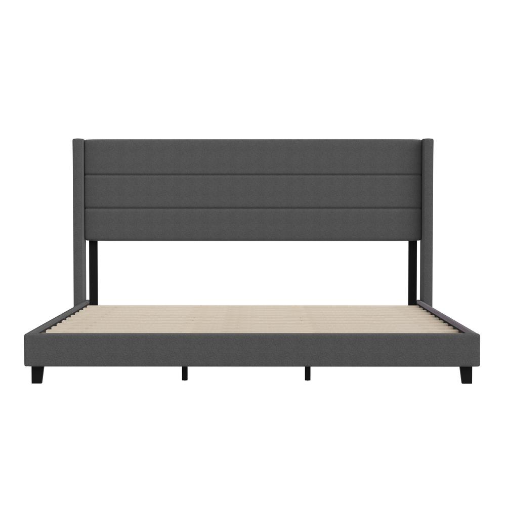 Hollis King Upholstered Platform Bed with Wingback Headboard, Mattress Foundation with Slatted Supports, No Box Spring Needed, Charcoal Faux Linen. Picture 10