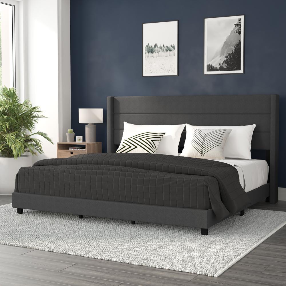 Hollis King Upholstered Platform Bed with Wingback Headboard, Mattress Foundation with Slatted Supports, No Box Spring Needed, Charcoal Faux Linen. Picture 1