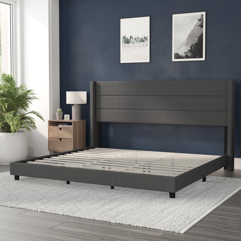 Hollis King Upholstered Platform Bed with Wingback Headboard, Mattress Foundation with Slatted Supports, No Box Spring Needed, Charcoal Faux Linen. Picture 6