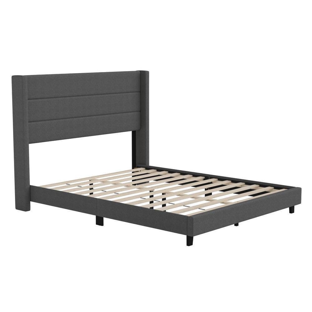 Queen Upholstered Platform Bed with Wingback Headboard, Charcoal Faux Linen. Picture 2