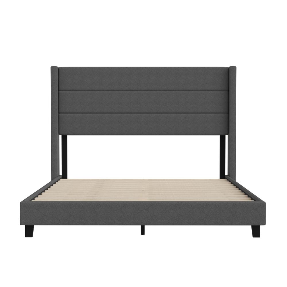 Queen Upholstered Platform Bed with Wingback Headboard, Charcoal Faux Linen. Picture 10
