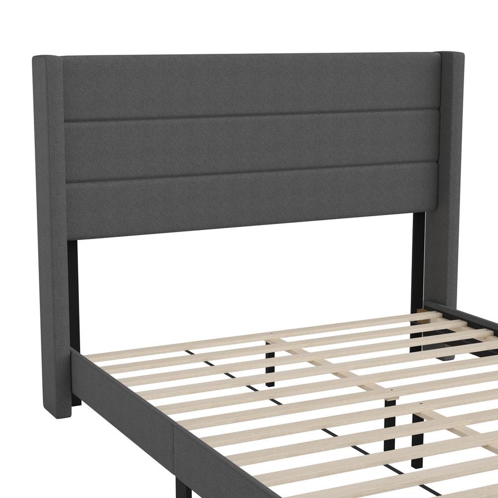 Queen Upholstered Platform Bed with Wingback Headboard, Charcoal Faux Linen. Picture 11