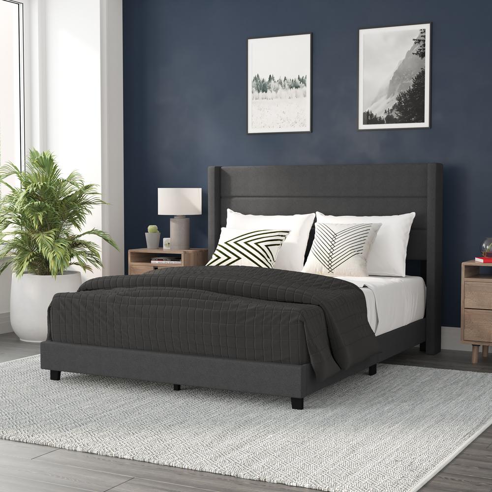 Queen Upholstered Platform Bed with Wingback Headboard, Charcoal Faux Linen. Picture 1