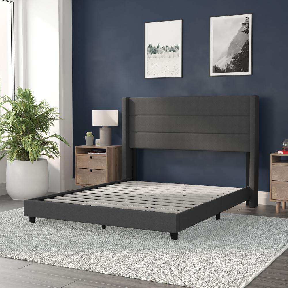 Queen Upholstered Platform Bed with Wingback Headboard, Charcoal Faux Linen. Picture 6