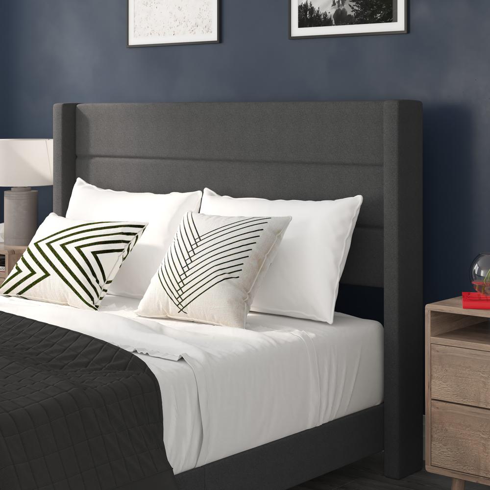 Queen Upholstered Platform Bed with Wingback Headboard, Charcoal Faux Linen. Picture 7
